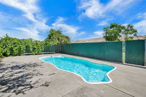 View of swimming pool with a fenced backyard and a patio