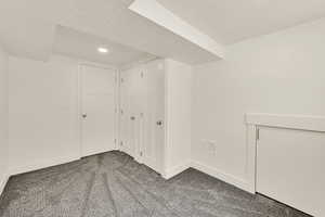 Additional living space featuring a textured ceiling, carpet floors, and recessed lighting
