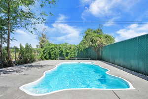 View of swimming pool featuring a fenced backyard and a patio