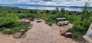 View of home's community with a water and mountain view