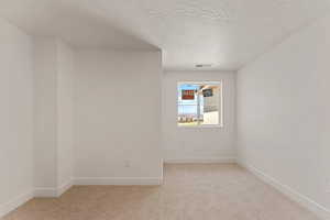 Unfurnished room featuring light carpet and a textured ceiling