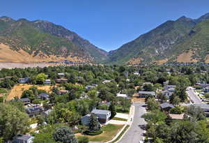 Aerial perspective of suburban area featuring mountains
