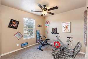 Workout area featuring carpet floors, a ceiling fan, and a textured ceiling