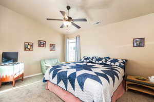 Carpeted bedroom featuring lofted ceiling, a textured ceiling, and a ceiling fan