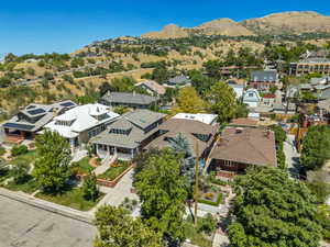 Aerial view of residential area with mountains