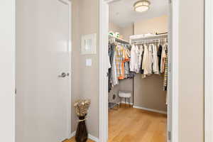 Walk in closet with wood finished floors