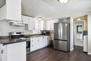 Kitchen with appliances with stainless steel finishes, dark countertops, vaulted ceiling, a textured ceiling, and dark wood-style flooring