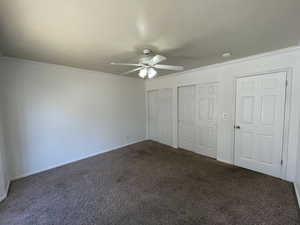 Unfurnished primary bedroom 1 with crown molding, double closets, carpet flooring, and a ceiling fan