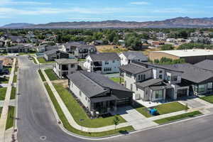 Aerial view of residential area with a mountain backdrop