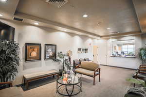 Carpeted living room featuring a raised ceiling and recessed lighting