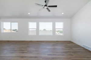 Unfurnished room with wood finished floors, recessed lighting, and a ceiling fan