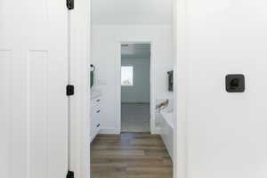 Bathroom featuring wood finished floors, a bathtub, and vanity