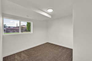 Empty room with dark colored carpet
