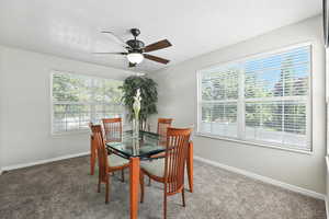 Dining space featuring carpet and a ceiling fan