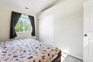 Carpeted bedroom featuring vaulted ceiling and a closet