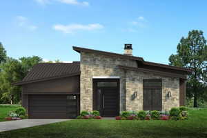 Contemporary home featuring a garage, concrete driveway, a chimney, a metal roof, and a front lawn