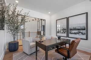 Office featuring baseboards and recessed lighting