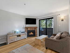 Living room featuring a fireplace and wood finished floors