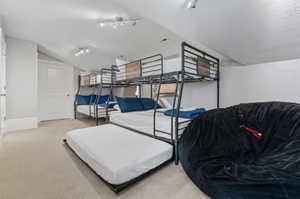 Carpeted bedroom with lofted ceiling and baseboards