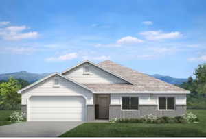 Ranch-style home featuring brick siding, driveway, an attached garage, and a front lawn