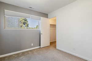 Unfurnished bedroom with a walk in closet and carpet floors