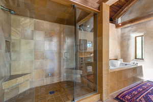 Primary Bathroom with a bath and a steam shower stall