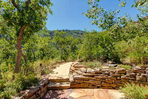 View of patio with a mountain view