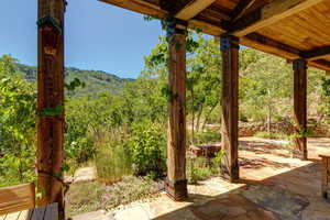 View of patio featuring a wooded view