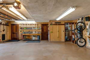 Basement featuring wood walls and a workshop area