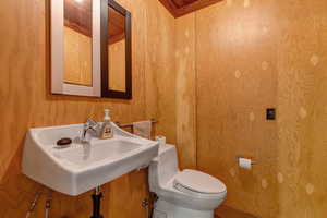 Half bathroom featuring toilet and wooden walls