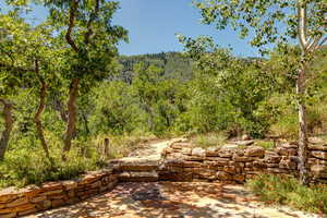 View of wooded area and mountains