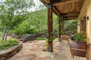 View of patio with gorgeous stacked stone