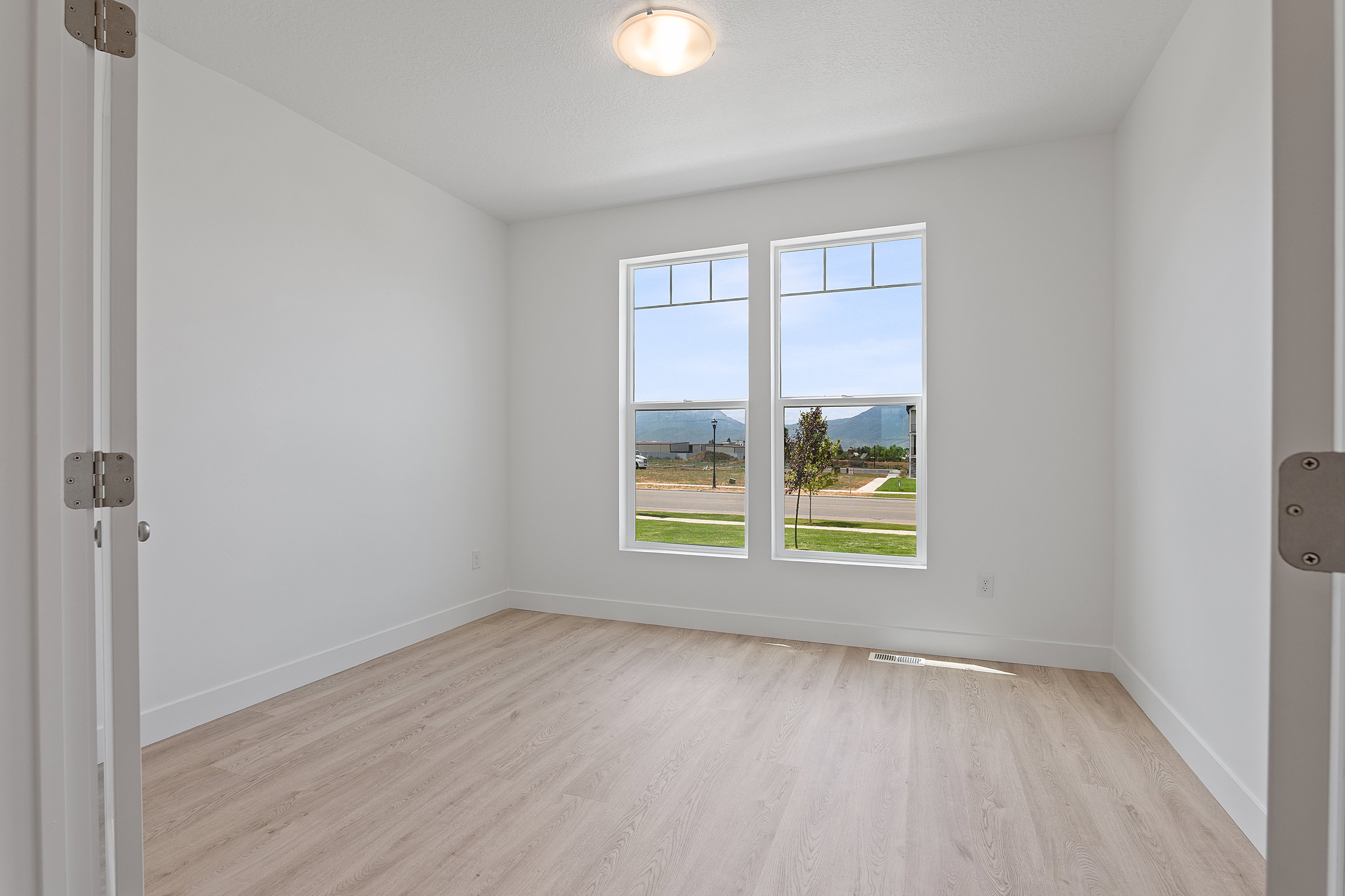 Empty room featuring light wood-type flooring and a mountain view