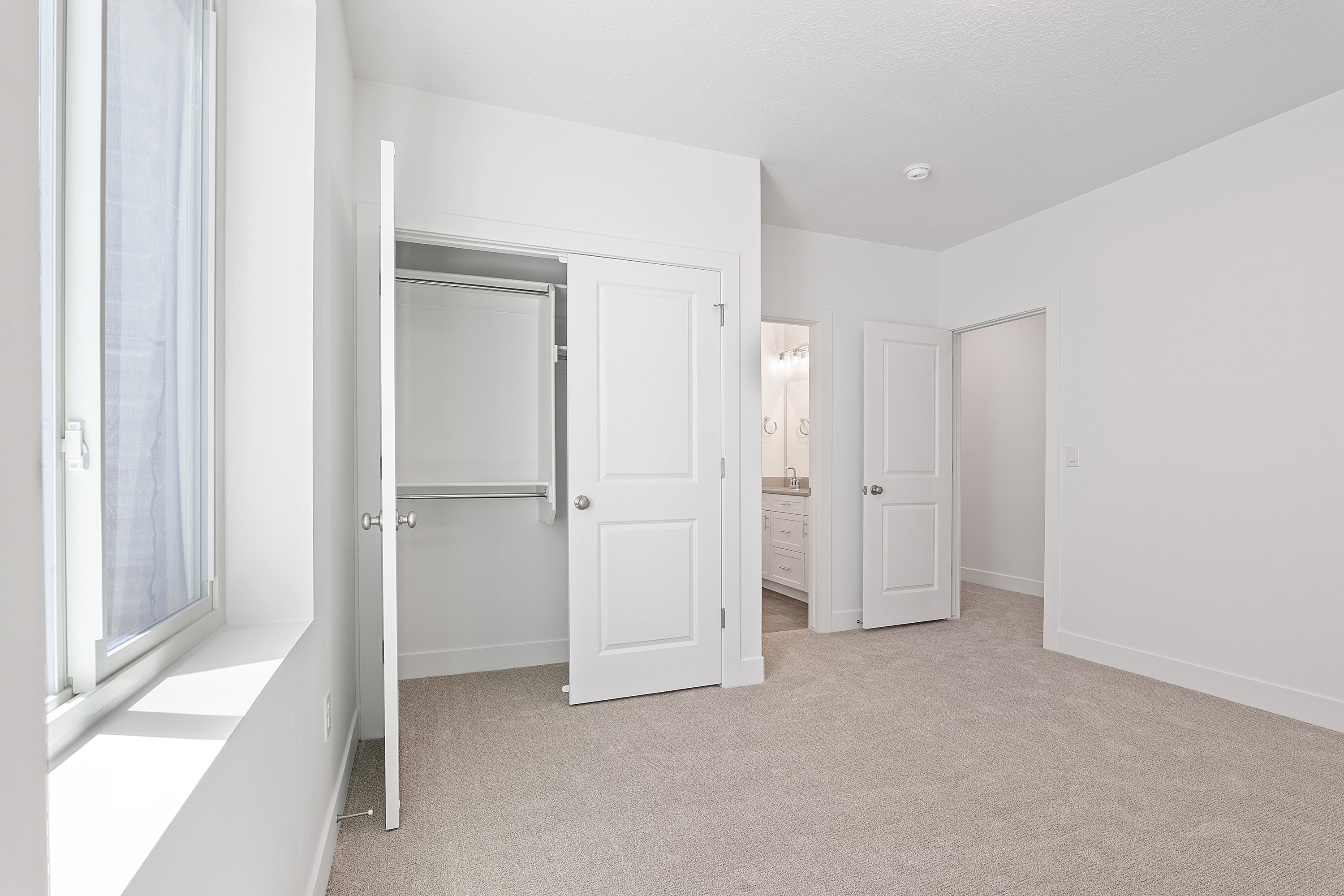 Basement bedroom featuring light colored carpet and a closet