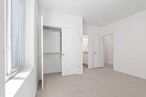 Basement bedroom featuring light colored carpet and a closet