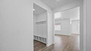 Mudroom with wood finished floors and recessed lighting