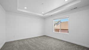 Carpeted spare room with a raised ceiling and recessed lighting
