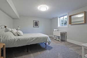 Bedroom featuring carpet flooring and a textured ceiling