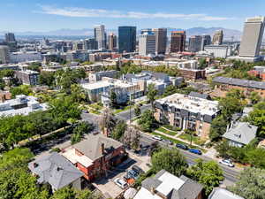 Aerial view of a mountain backdrop and skyline