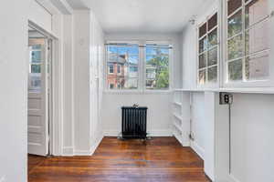 Spare room with radiator heating unit and wood-type flooring
