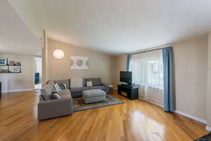 Living area with vaulted ceiling, wood finished floors, and a textured ceiling