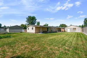 Back of house with a fenced backyard