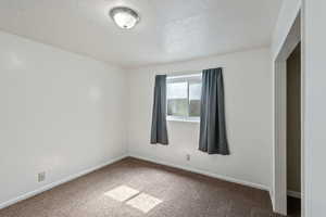 Unfurnished room featuring a textured ceiling and carpet