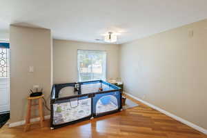 Bedroom featuring wood finished floors and a textured ceiling