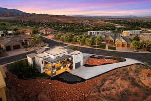 Aerial view of residential area with mountains