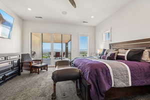 Carpeted bedroom with access to outside, french doors, recessed lighting, and ceiling fan