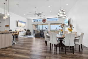 Dining area with wood finished floors, recessed lighting, a ceiling fan, and a textured ceiling