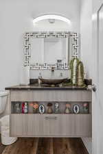 Bathroom featuring wood finished floors and vanity