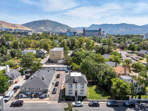 Aerial view of residential area with a mountain backdrop