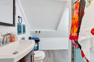 Bathroom featuring wood finished floors and vanity